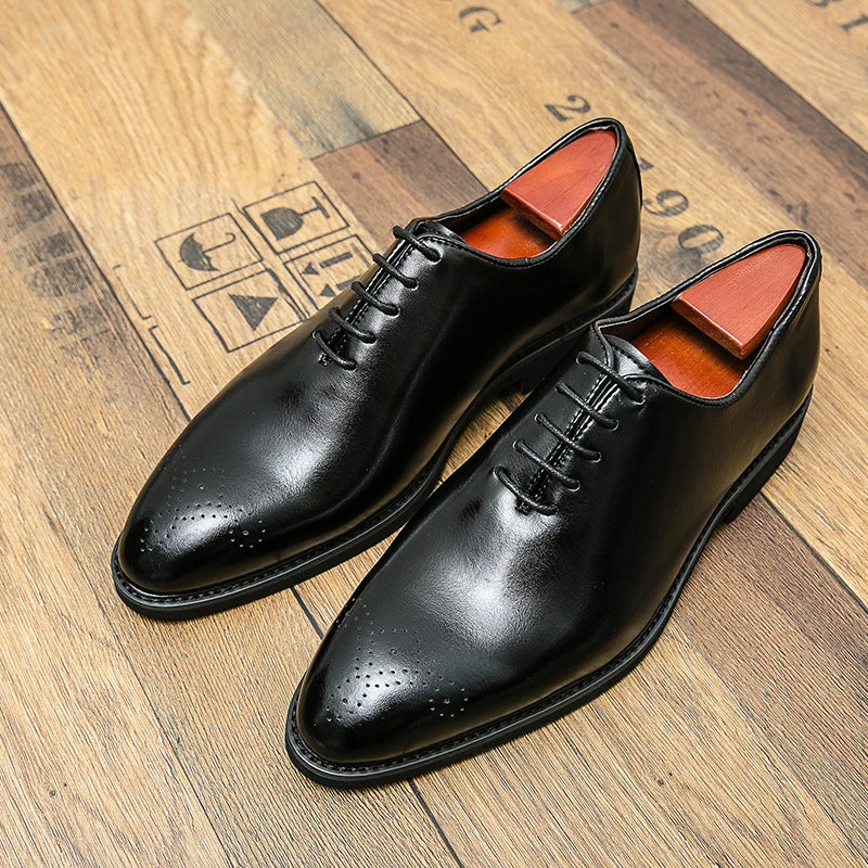 Men’s Black Red-Sole Brogue Shoes - Lace-Up Round Toe Business & Formal Dress Shoes