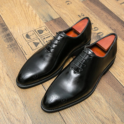 Men’s Black Red-Sole Brogue Shoes - Lace-Up Round Toe Business & Formal Dress Shoes