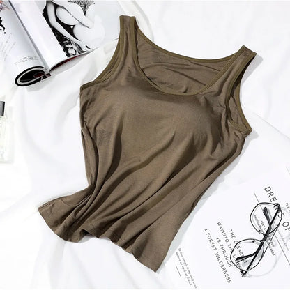 Women’s Built-In Bra Tank Top - Solid Color Padded Slim Fit Vest Shirt for Casual, Sexy & Everyday Wear