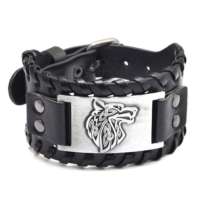 Vintage Viking Leather Braided Bracelet for Men - Celtic Wolf Head Bangle, Classic Animal Motif Jewelry & Hand Accessories