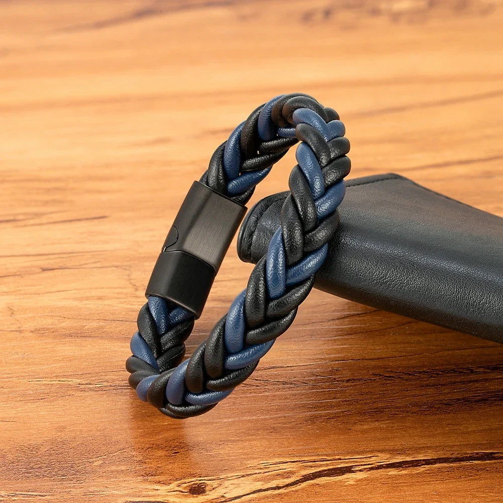 XQNI Braided Leather Bracelet - Stainless Steel Punk Charm Jewelry Gift for Men Husband Friend