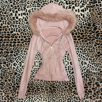 Women’s 2025 Gothic Aesthetic Fur Collar Hoodie Cardigan – Slim Fit Autumn Winter Harajuku Sweatshirt