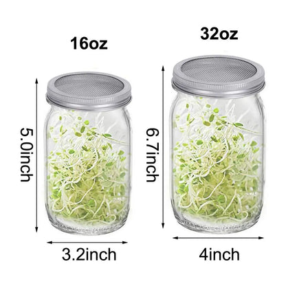 Sprouting Jars Growing Kit - 16/32oz Wide Mouth Mason Jars with Screen Lids for Indoor Seed Germination & Fresh Sprouts