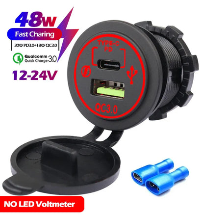 48W Quick Charge 3.0 Waterproof USB Car Charger 12V/24V PD Type-C + QC3.0 Dual USB Fast Charging Socket with LED Voltmeter for Cars, Trucks & Boats