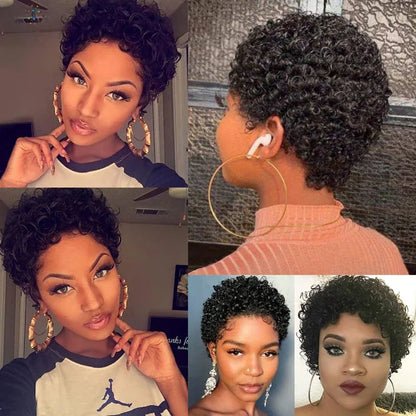 99J Short Curly Pixie Human Hair Wig - Full Machine Made, Affordable Kinky Curls on Clearance