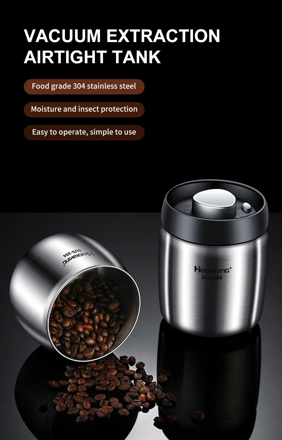 Vacuum Sealed Coffee Bean Storage Tank – 304 Stainless Steel Moisture-Proof Food Jar for Home