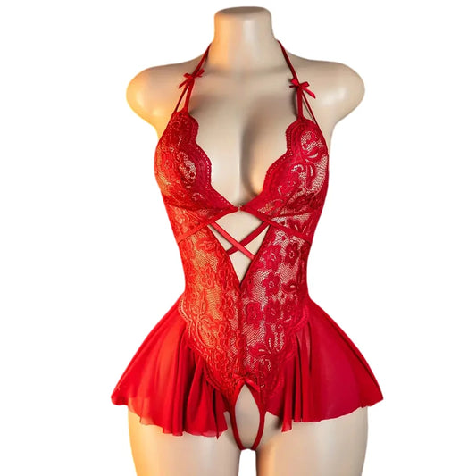 Front Clasp Lace Lingerie Set - Deep V Crotchless Corset Bra & Sexy Hollow Baby Doll Dress