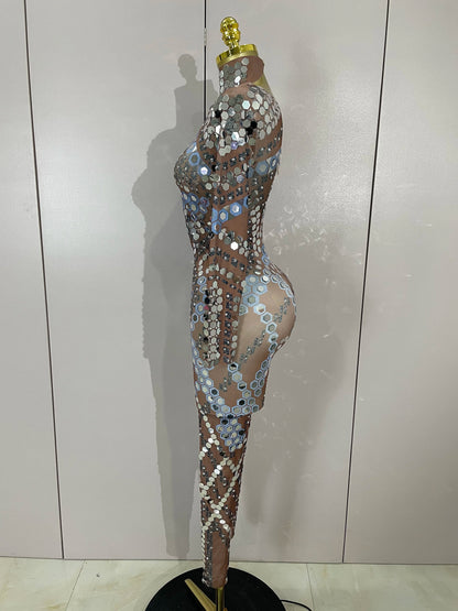 Sexy Shiny Silver Sequin & Black Spandex Jumpsuit — 2025 Women’s Prom, Dancer & Stage Performance Costume