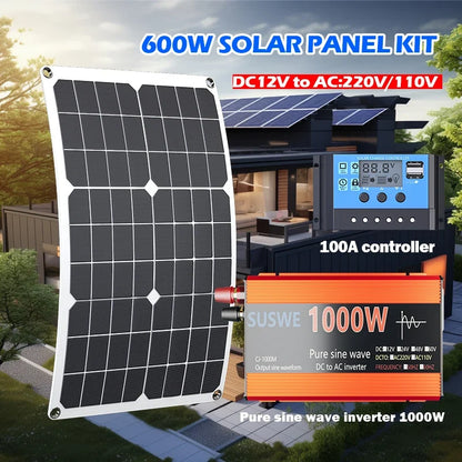 1000W Solar Power System Kit - 600W Solar Panel, 12V to AC 110V/220V Inverter & 100A Charge Controller
