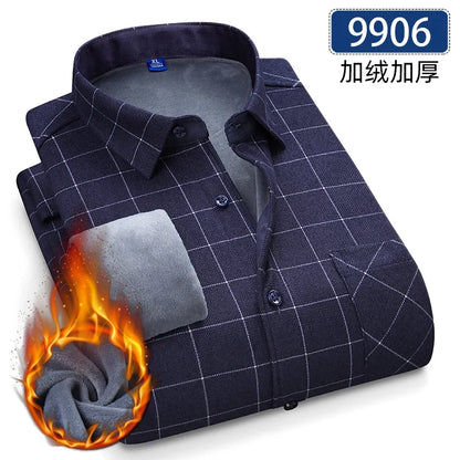 Men’s Fleece Plaid Shirt - Warm Thick Long Sleeve Business Check Shirt with Single Pocket for Autumn & Winter