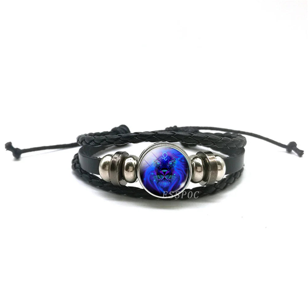 New Men's 12 Constellation Black Braided Leather Bracelet – Punk Style Zodiac Sign Multilayer Wrap Bracelet for Birthday Gifts