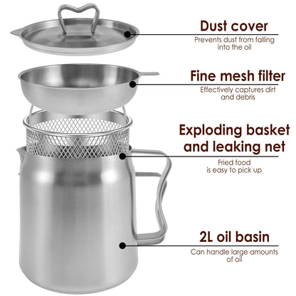 2L/1.5L Stainless Steel Oil Filter Fry Basket – Fine Mesh Strainer Pot for Oil Storage and Kitchen Grease