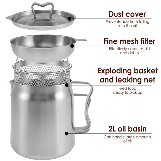 2L/1.5L Stainless Steel Oil Filter Fry Basket – Fine Mesh Strainer Pot for Oil Storage and Kitchen Grease