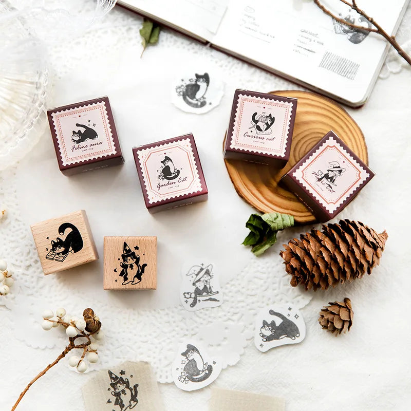 1Pc Cute Little Black Cat Stamp: Retro Wooden Rubber Stamp for Scrapbooking Stationery DIY Craft - Standard Seal Decoration
