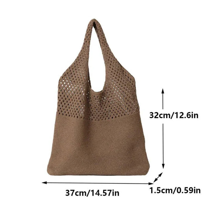 Women’s Crochet Tote Handbag - Retro Knitted Hollow Top Handle Shopper Bag in Solid Colors