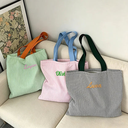 Striped Canvas Shoulder Bag - Custom Embroidered or Standard Back-to-School Tote