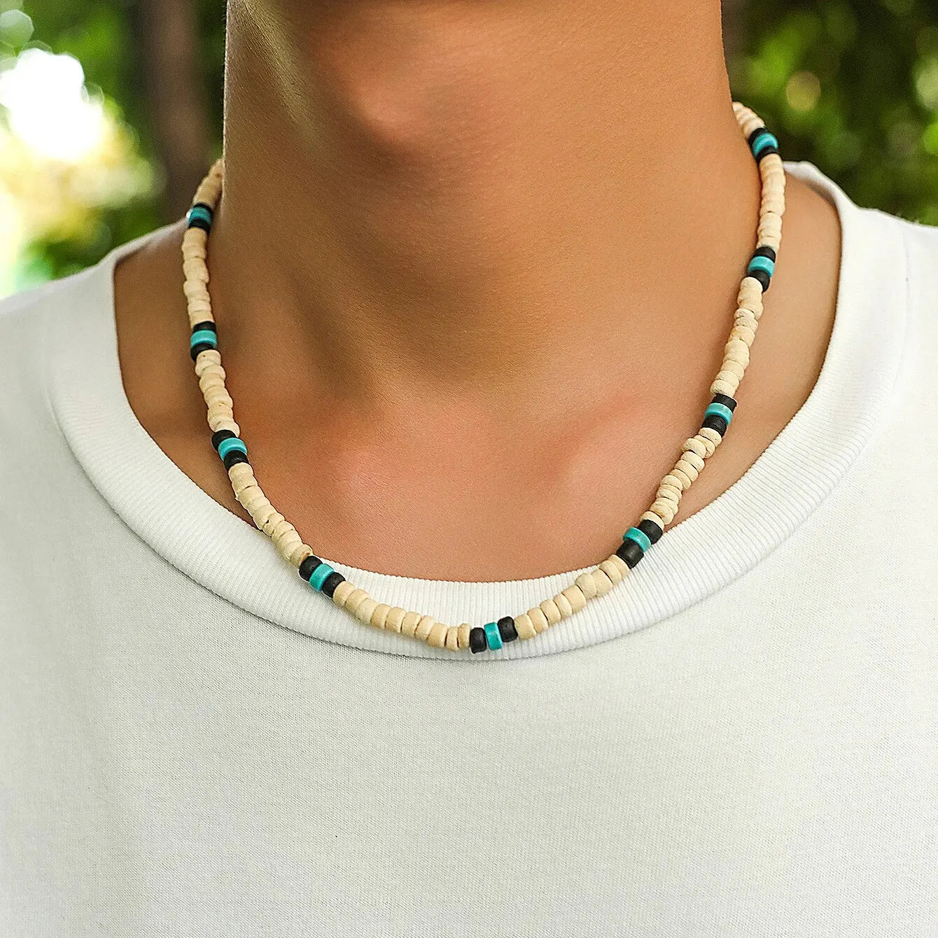 Men’s Summer Beach Wooden Bead Necklace – Handmade Tribal Surfer Jewelry with Geometric Steampunk Design