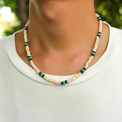 Men’s Summer Beach Wooden Bead Necklace – Handmade Tribal Surfer Jewelry with Geometric Steampunk Design