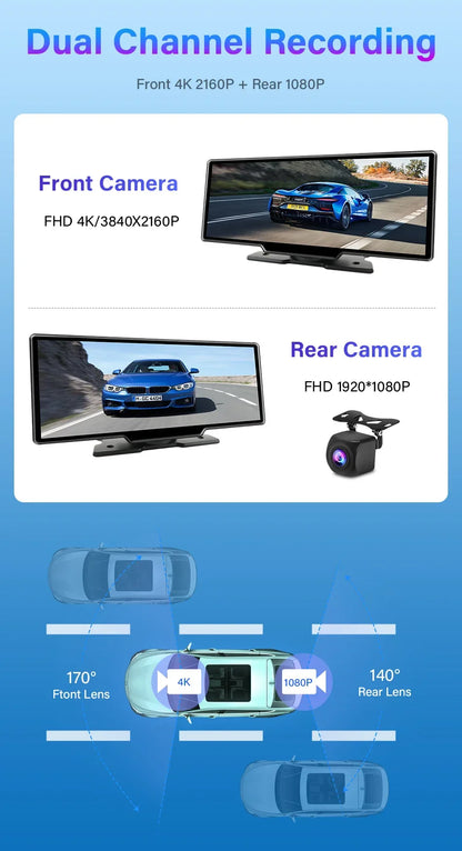 10.26'' 4K Dash Cam Car Mirror Video Player - Wireless CarPlay, Android Auto, GPS, and Rearview Camera Monitor