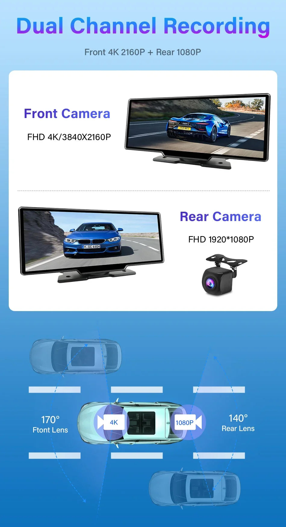 10.26" 4K Dash Cam Car Mirror — Wireless CarPlay Android Auto GPS Multimedia Rearview Camera Dashboard Monitor