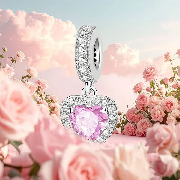 925 Sterling Silver Pink Heart Charm - Zircon Love Pendant Bead for DIY Bracelets, Bangles & Women’s Jewelry