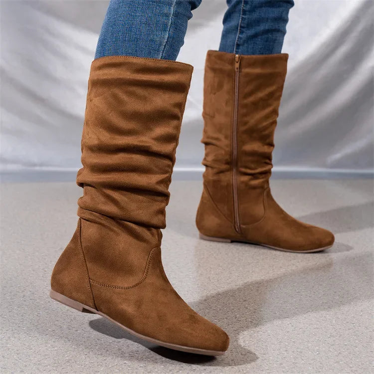 Women’s High-Top Casual Boots – Folded Zipper, Flat Bottom, Alligator Patterned Comfortable Footwear