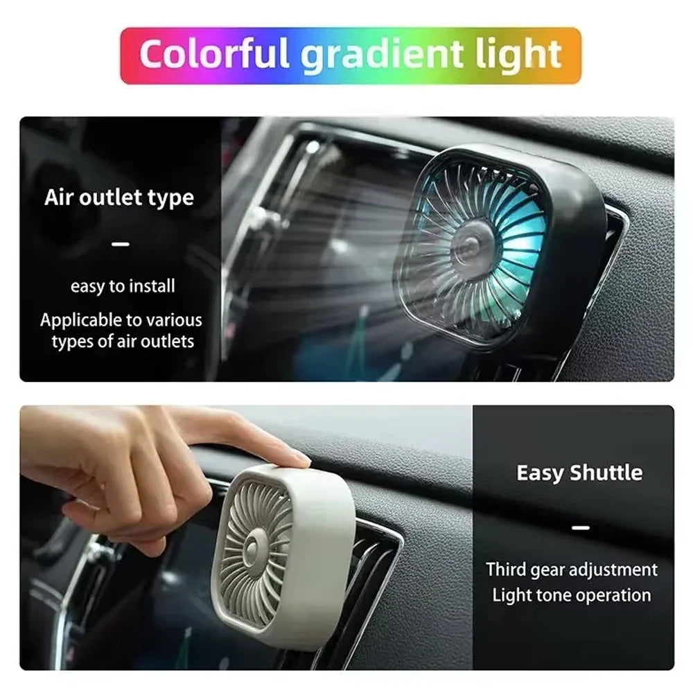 Mini Car USB Air Conditioner Fan - Three-Speed Adjustable Cooling Fan with Colorful LED Lights and Air Vent Mount