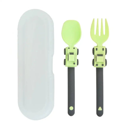 Kids Cartoon Race Car Spoon & Fork Set - Self Feeding Children's Food Supplement Utensils for Toddlers