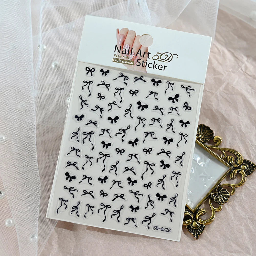 5D Pink & White Bowknot Nail Stickers – Self-Adhesive Kawaii Ribbon Nail Art Decals for DIY Manicure & Nail Decoration