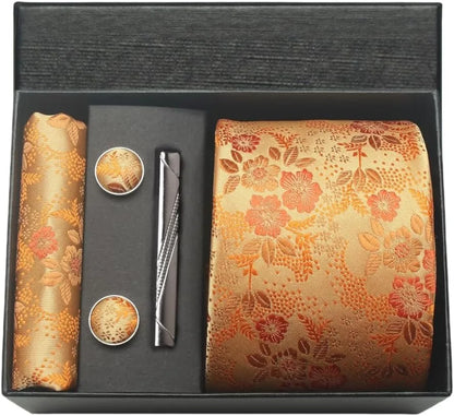 100% Silk Paisley Floral Necktie Set for Men - Premium Business Tie with Pocket Square Tie Clip Cufflinks Gift Box