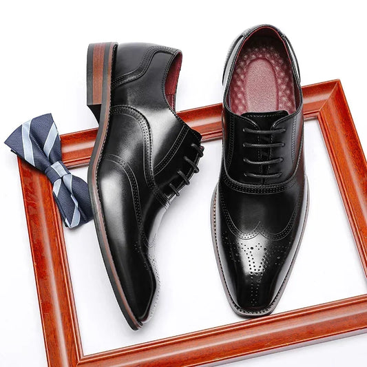 Men’s Genuine Leather Brogue Shoes - British Vintage Carved Wingtip Dress Shoes