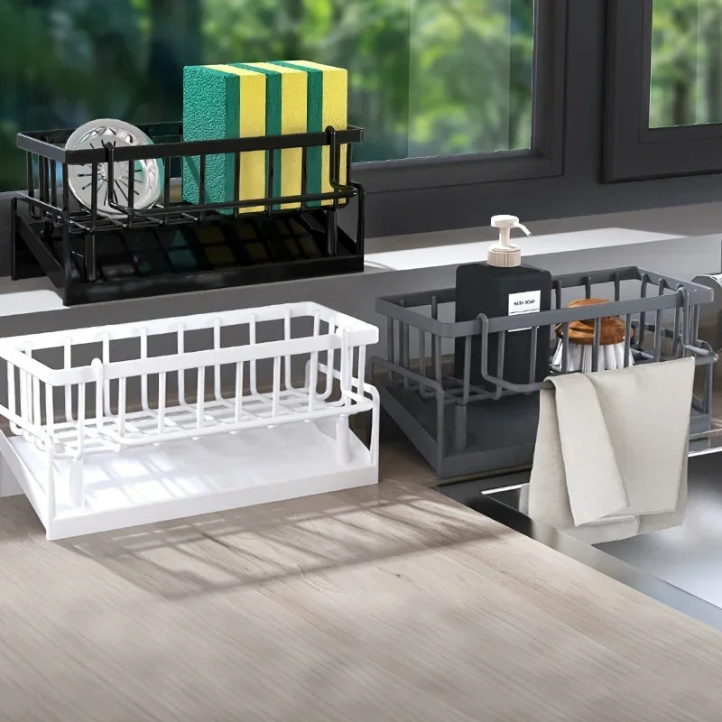 Drill-Free Sink Organizer - Multi-Use Sponge & Soap Holder with Drain Rack for Kitchen Countertop Storage