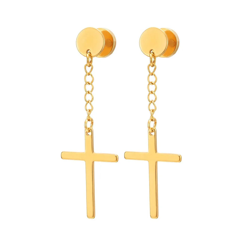 Gold Cross Huggie Hoop Earrings - Minimalist Dangle Charm Jewelry for Men & Women