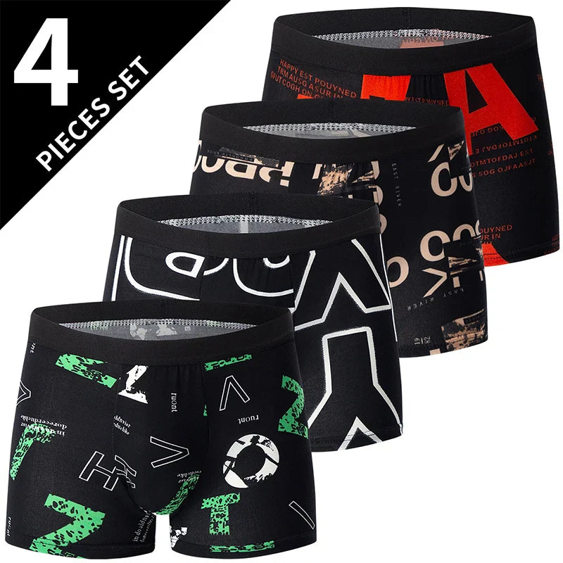 4-Piece Men's Fashion Boxer Shorts – European & American Size, Comfortable & Breathable Plus Size with Elastic Waist