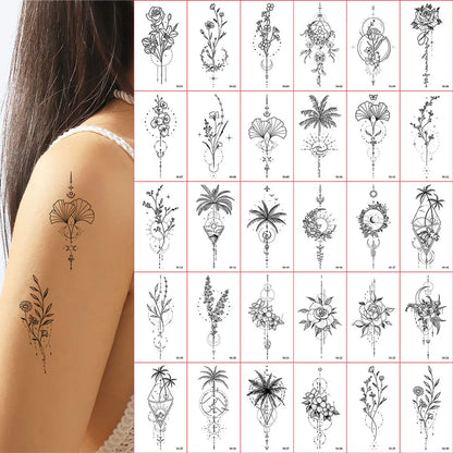 30pcs Black Temporary Tattoo Stickers - Flower Butterfly Rose Moon Star Mandala Designs for Hand, Chest & Body Art