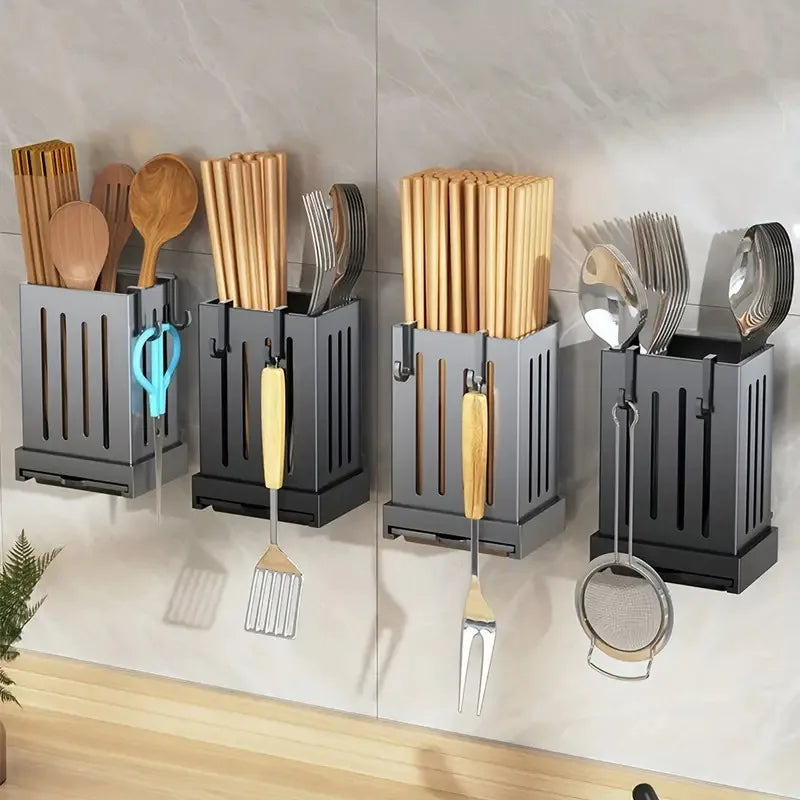1 Piece Kitchen Chopsticks Holder - Multifunctional Wall-Mounted Utensil Drying Rack with Hooks, No Drilling Required, for Spoons and Forks