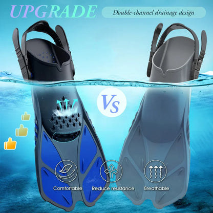 Adjustable Snorkel Fins with Buckles - Short Silicone Swimming Flippers for Men and Women, Open Heel Travel Size
