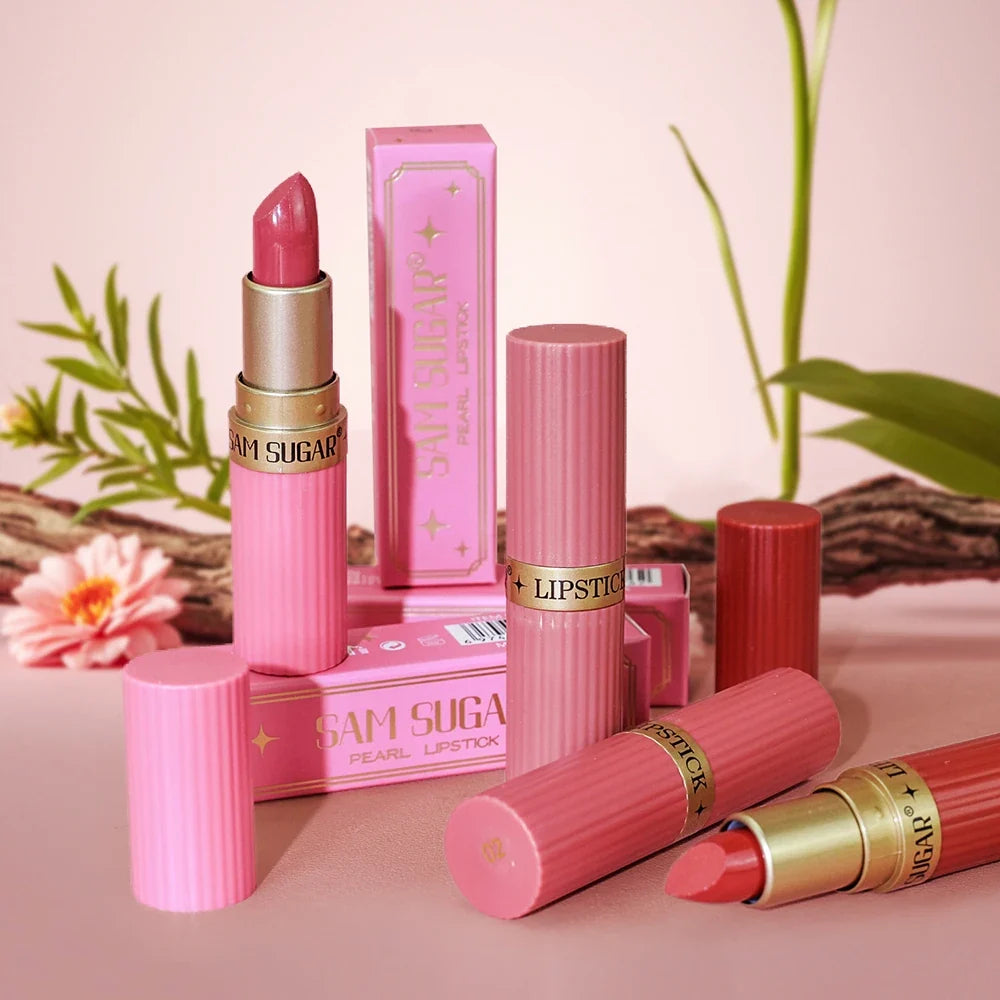 Pearlescent Pink Glitter Lipstick - Waterproof Long-Lasting Matte Metallic Shimmer Makeup