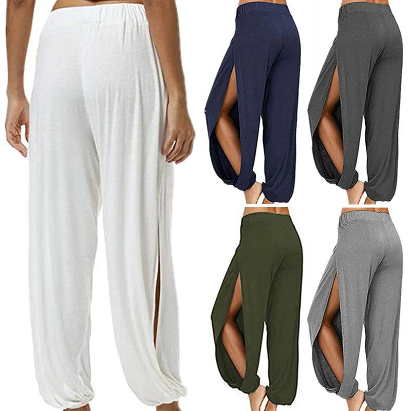 Women's Fashion Yoga Pants: High-Waisted Slit Wide Leg Harem Pants, Gym Leggings Casual Solid Hollow Workout Trousers for Gym and Home Wear