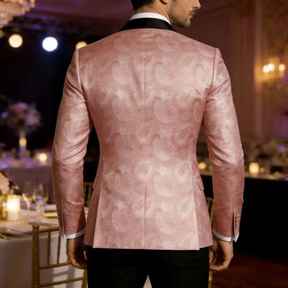 Men’s Pink Paisley Tuxedo Blazer - Black Satin Lapel 2 Button Formal Suit Jacket for Wedding, Prom & Party Wear