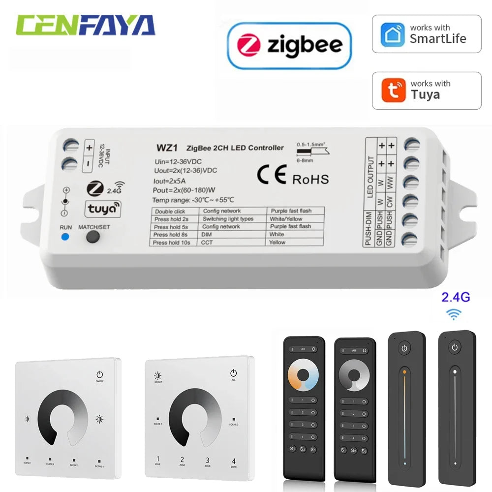 CENFAYA ZigBee & RF 2CH LED Controller - Smart DC 12V/24V Dimmer for CCT LED Strips with Remote Control