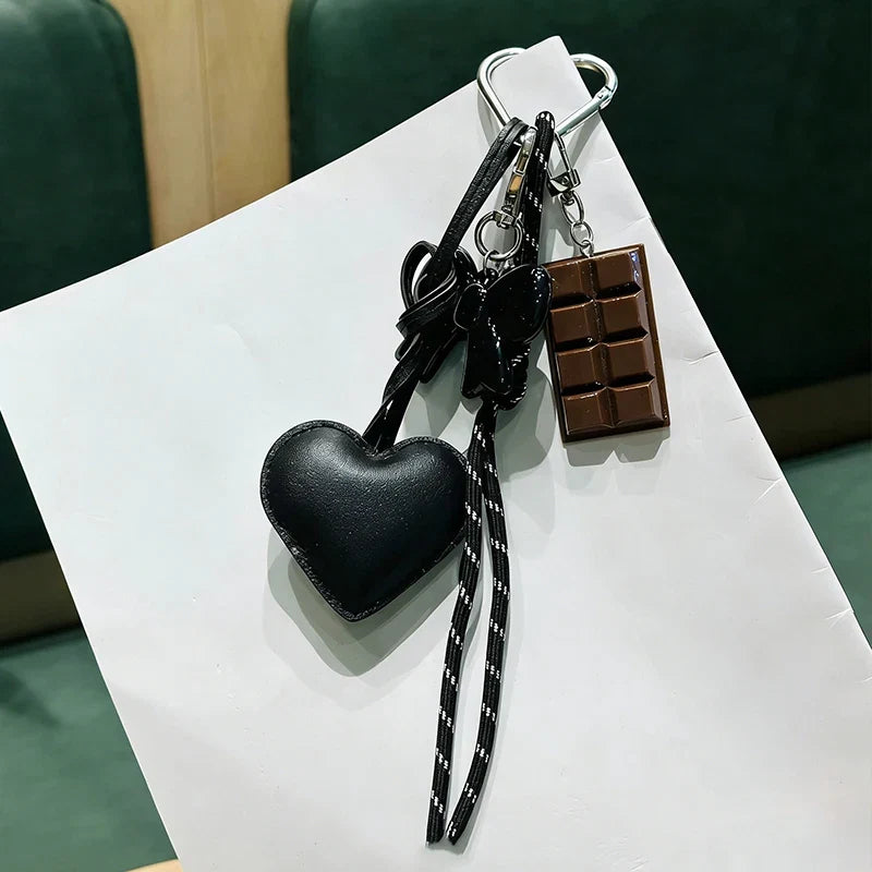 Kawaii Heart Leather Keychain - Trendy Chocolate Pendant Bag Charm Decorative Accessory