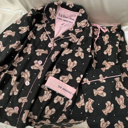 Women's Winter Cartoon Pajama Set - Warm Cotton Wool Sleepwear Long Sleeve Homewear