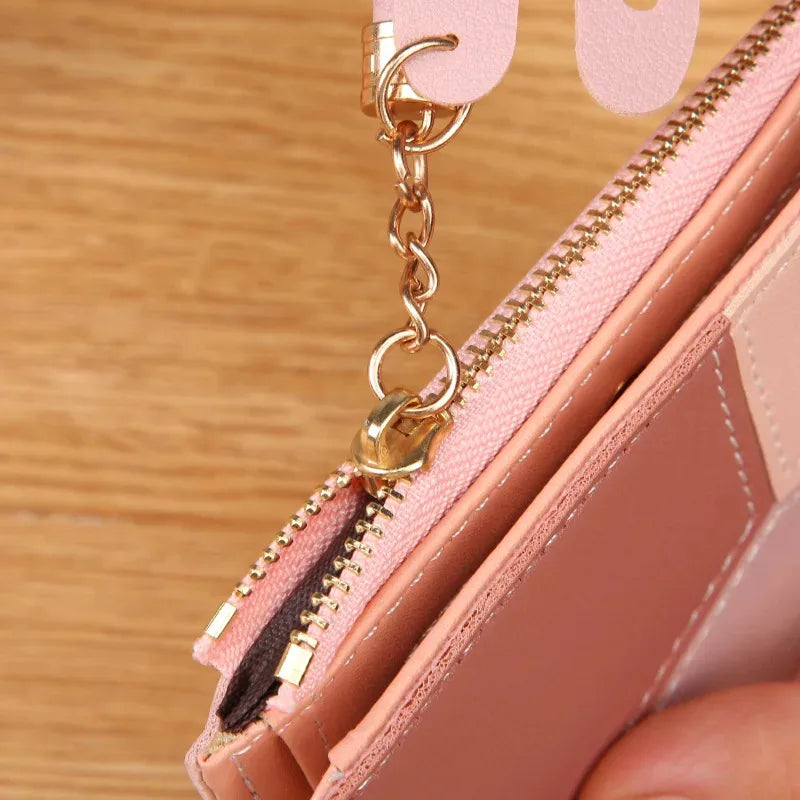Fashion Women’s Zipper Wallet – Short Patchwork Leather Coin Purse, Card Holder & Phone Pouch Clutch