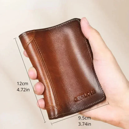 Genuine Leather Men’s RFID Blocking Trifold Wallet – Vintage Thin Short Multi-Function Card Holder ID Window Male Purse Money Wallet
