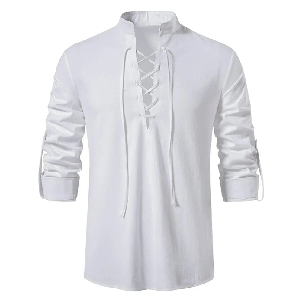 Men’s Cotton Linen Long Sleeve Shirt - Vintage Casual Drawstring Neck Shirt for Spring & Autumn