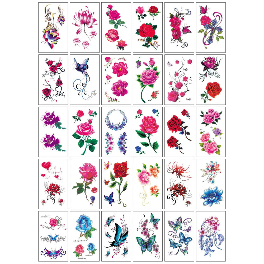 30pcs Black Temporary Tattoo Stickers - Flower Butterfly Rose Moon Star Mandala Designs for Hand, Chest & Body Art