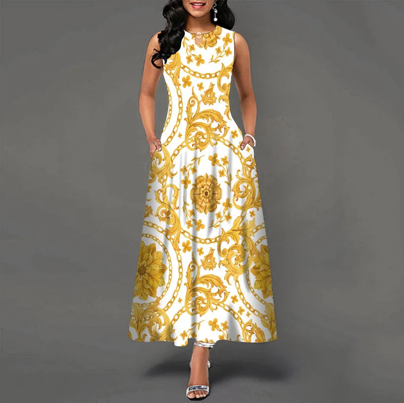 Women’s Loose Floral Vintage Maxi Dress – Ruffled Hole Summer Camis Big Size Elegant Party Dress