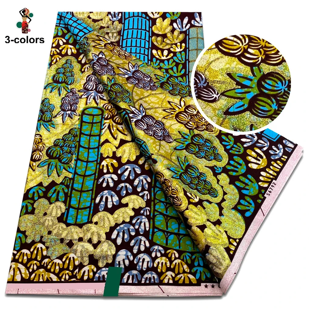 African Glitter Golden Wax Fabric - Nigerian Ankara Gold Print 6 Yards Sewing Material