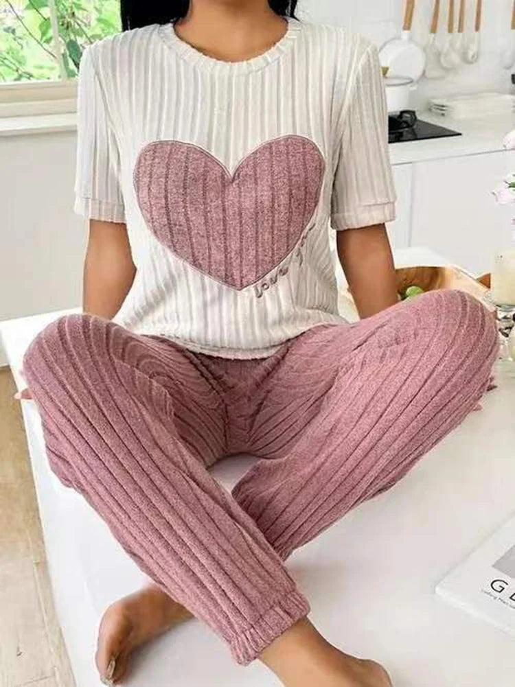 Women’s Heart Print Pajama Set – Short Sleeve Top & Pants Two-Piece Loungewear